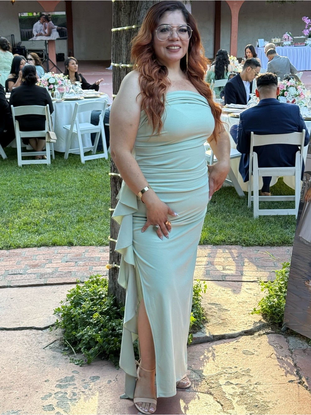 Strapless Sage Green Ruffle Column Dress - Picture 4 of 4